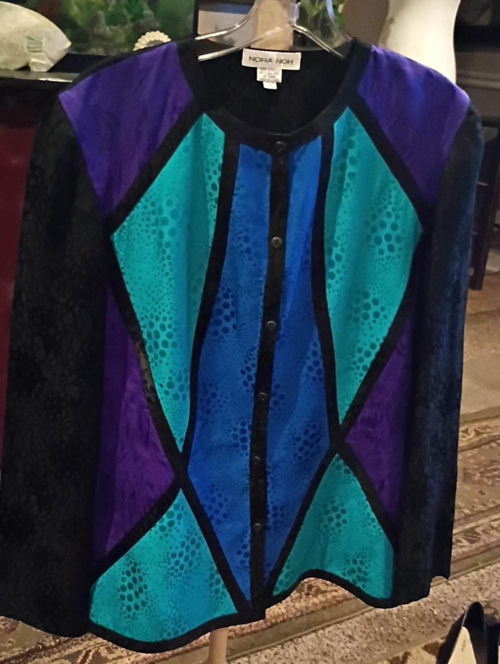 NORA NOH Black Multicolored Geometrically Designed Silk Blouse